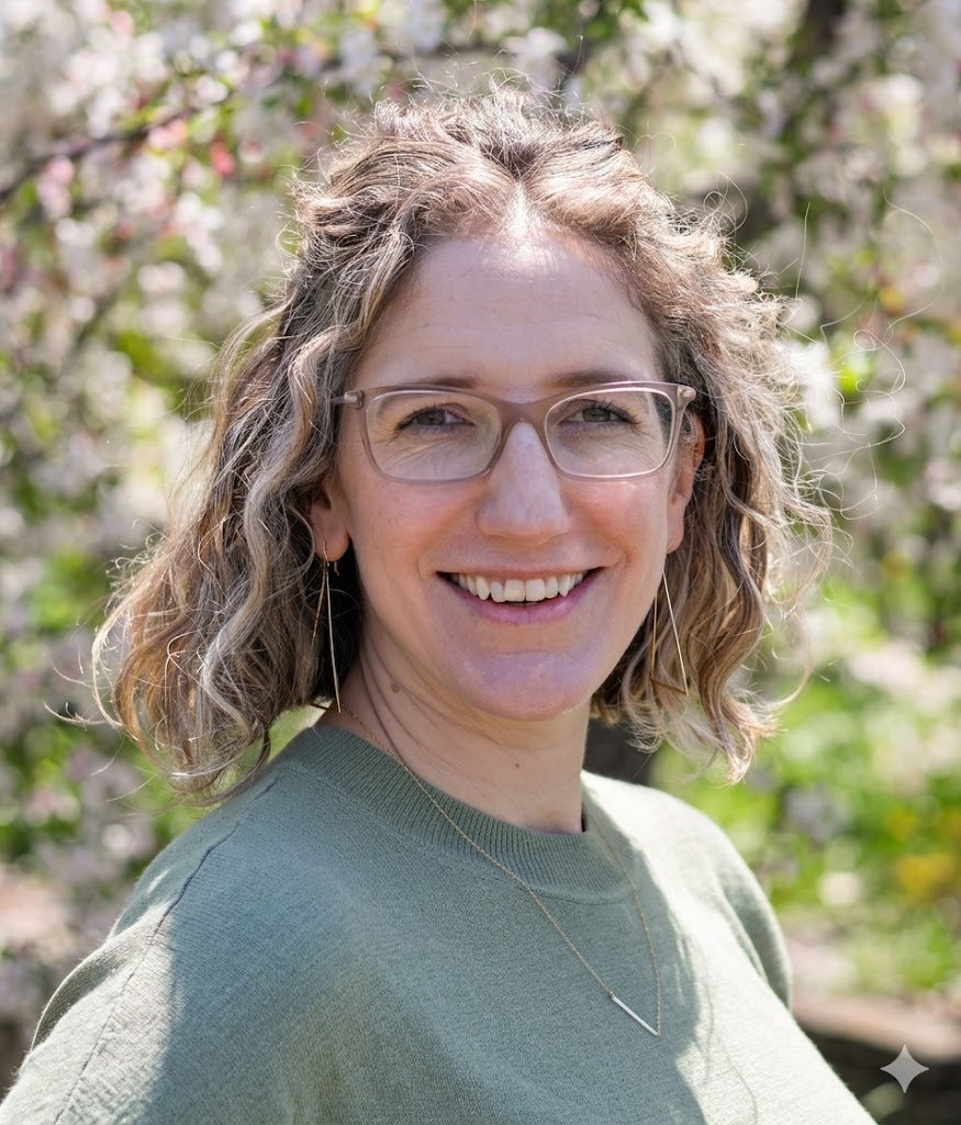 Photo of  Anna Haensch. She has shoulder-length, blond, curly hair, and is wearing glasses ad a green shirt. 
