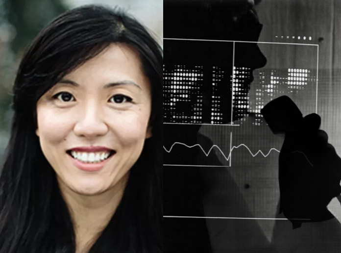 Portrait Photo of Xiaochang Li who has dark hair and is smiling. Her portrait also sits next to an image of a male figure, in shadow, holding a microphone with an overlay of data and sound waves